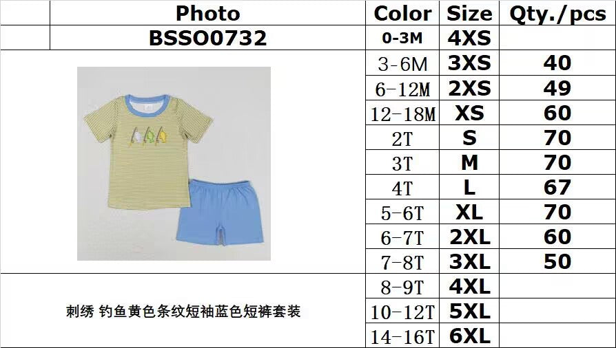 rts no moq BSSO0732 Embroidered fishing yellow striped short-sleeved blue shorts suit