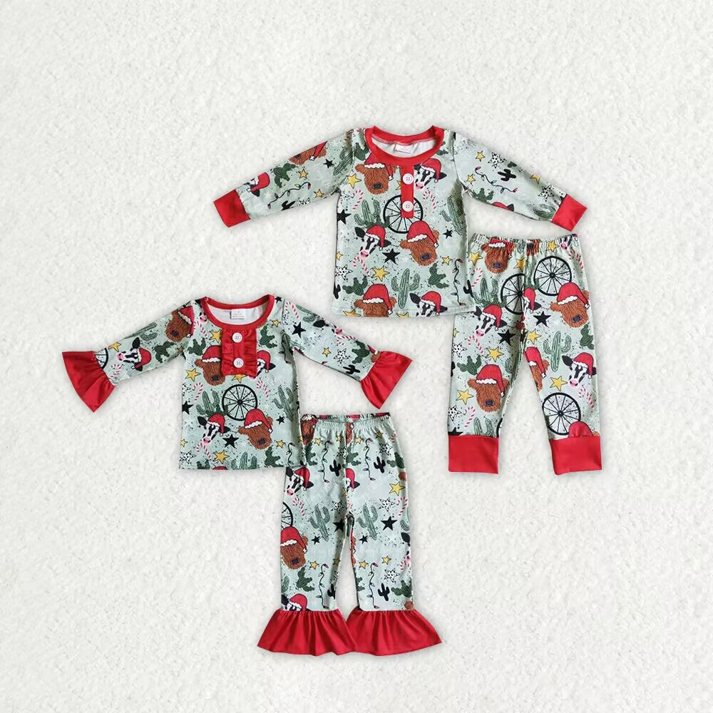 RTS NO MOQ BLP0131 GLP0320 Christmas Animals - Cactus Pattern Boys and Girls Light Red and Green Long Sleeve Outfit