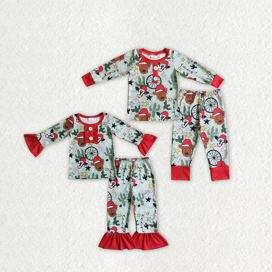 RTS NO MOQ BLP0131 GLP0320 Christmas Animals - Cactus Pattern Boys and Girls Light Red and Green Long Sleeve Outfit