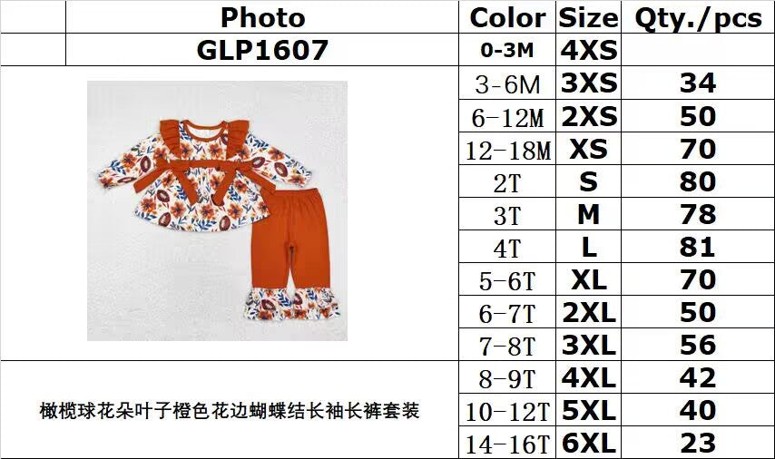 RTS NO MOQ ETA 5/7days GLP1607 Rugby flower leaf orange lace bow long sleeve trousers suit