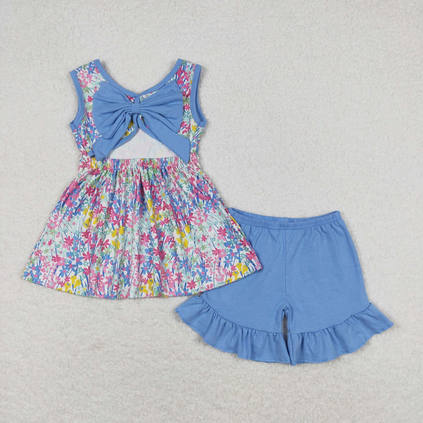 GSSO0547 Floral blue bow sleeveless shorts suit