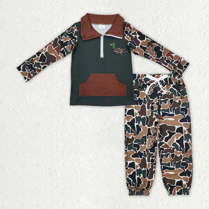 RTS NO MOQ Sibling Baby boy clothes embroidery camouflage long-sleeved trousers suits