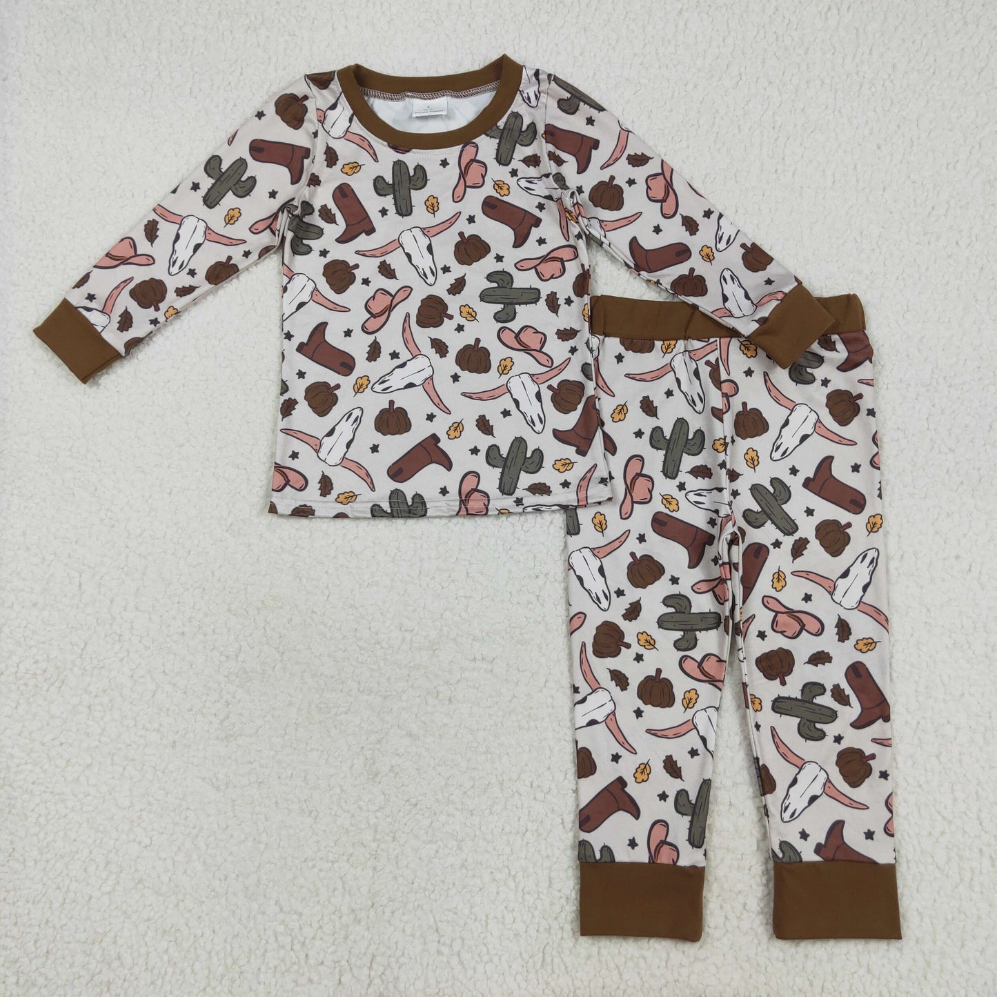 RTS NO MOQ（In Stock) BLP1141 Cactus alpine bull head cowboy hat boots beige brown long sleeve long pants pajama set