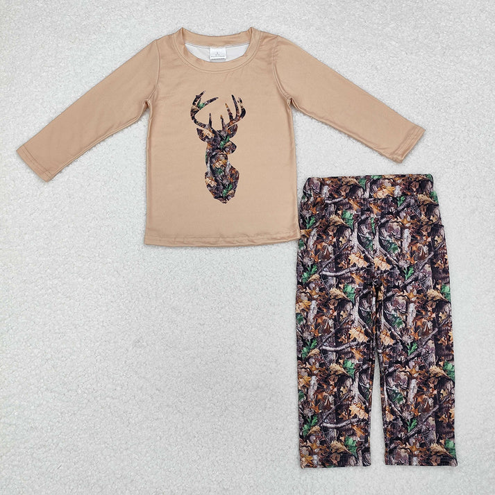 RTS NO MOQ Baby Boys and Girls Dead Leaf Elk Brown Long Sleeve Top Camouflage Pants Set