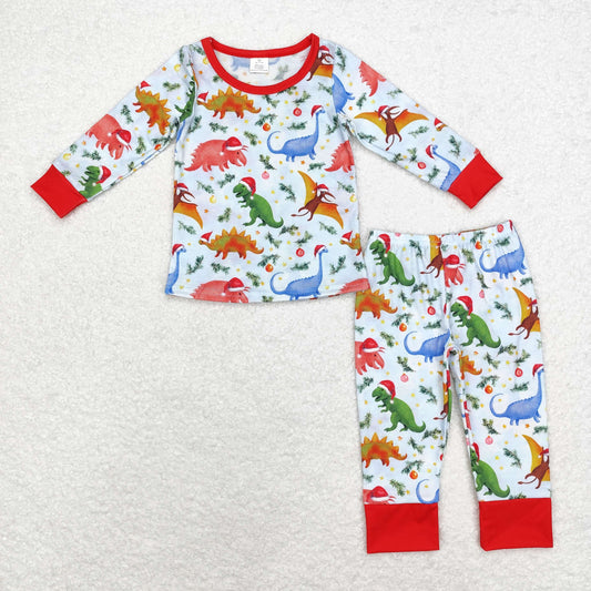 bamboo rts no moq BLP0664 Modal Christmas dinosaur blue long-sleeved trousers pajamas set