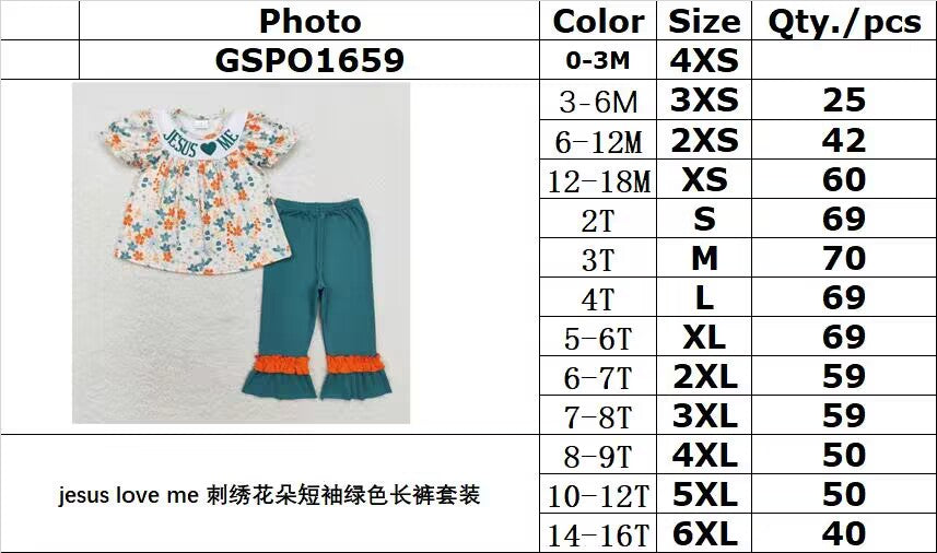 RTS no moq GSPO1659 jesus love me Embroidered Flower Short Sleeve Green Pants Set