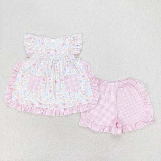 RTS no moq GSSO1057 Flower floral pink plaid pocket flying sleeve shorts set