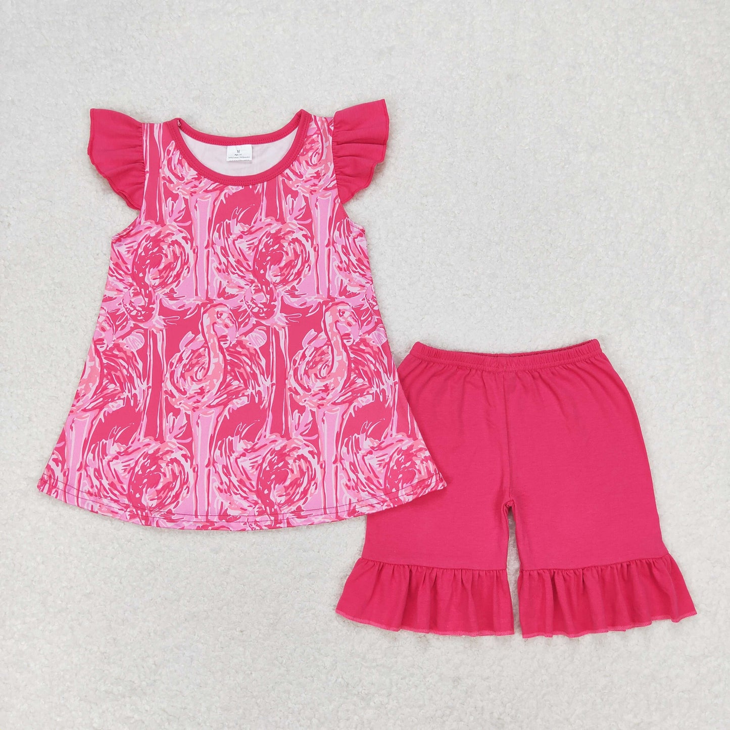 rts no moq GT0565+SS0249 Flamingo rose red flying sleeve top lace shorts sets