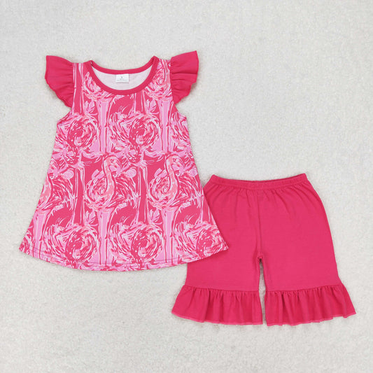 rts no moq GT0565+SS0249 Flamingo rose red flying sleeve top lace shorts sets