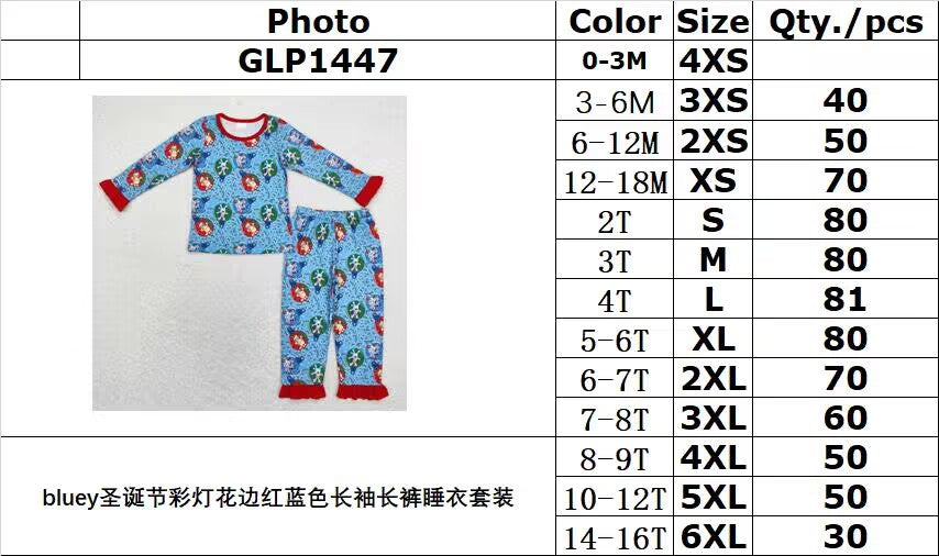 rts no moq GLP1447 bluey Christmas lights lace red and blue long-sleeved trousers pajamas set