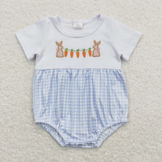 SR0723 Embroidery Rabbit Carrot Blue and White Plaid Short Sleeve romper
