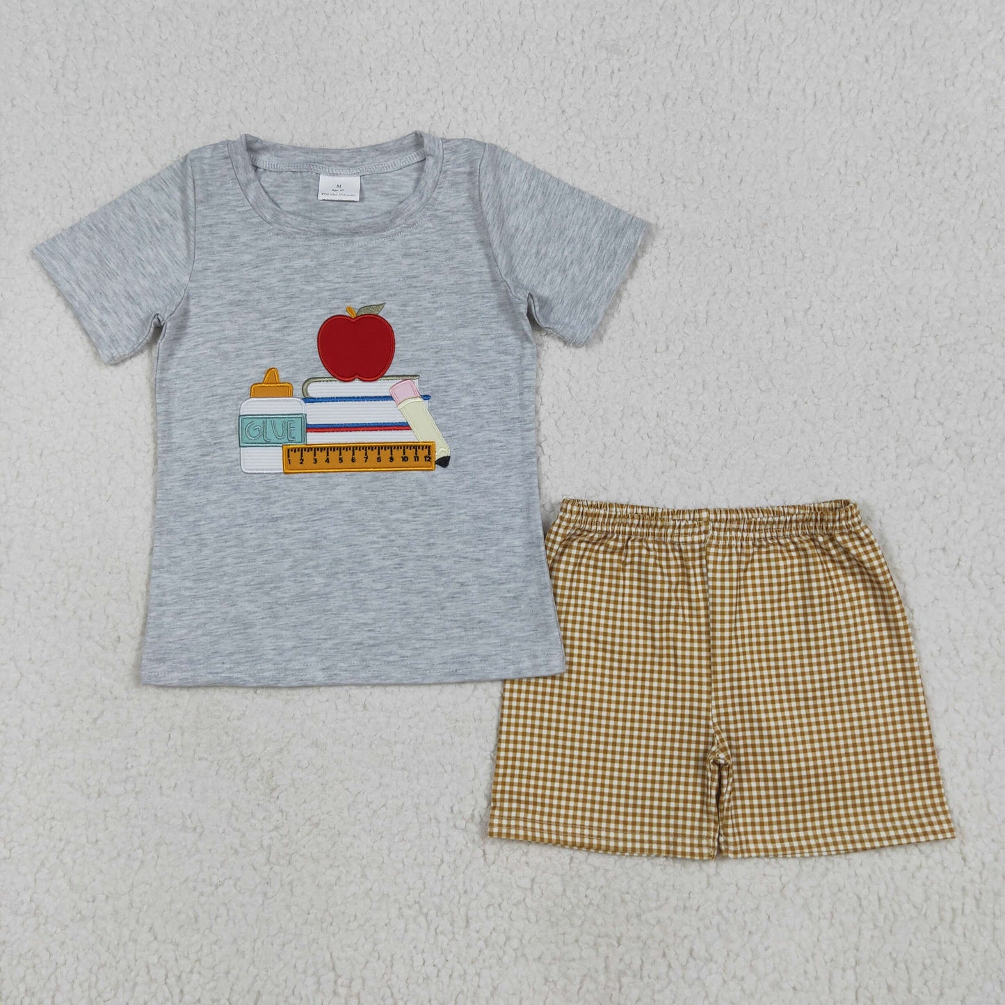 RTS NO MOQ BSSO1281 Embroidery Back to School Apple Book Ruler Gray Short Sleeve Orange Plaid Shorts Set