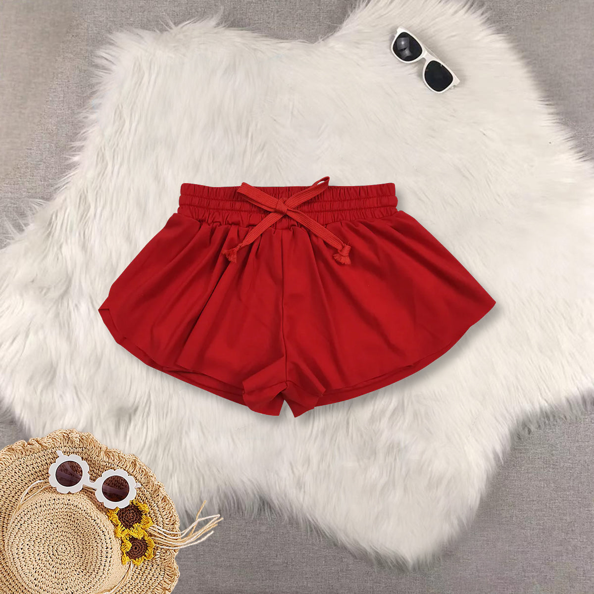 RTS NO MOQ Sibling baby girls clothes yoga Pure red sleeveless short sets and Top and shorts