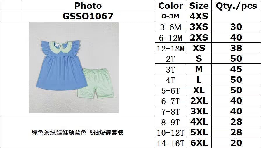 rts no moq GSSO1067 Green striped doll collar blue flying sleeve shorts suit