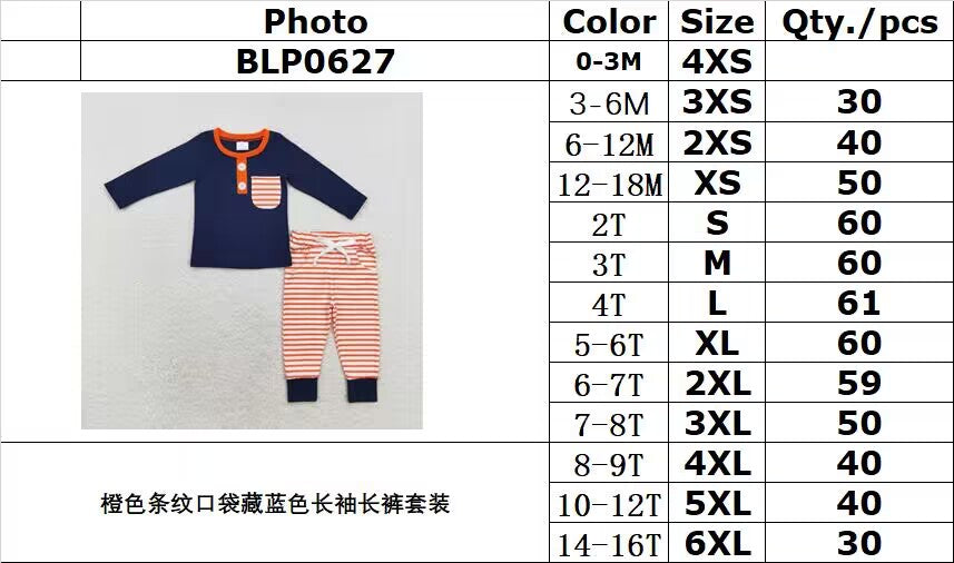 rts no moq BLP0627 Orange striped pocket navy blue long-sleeved trousers set