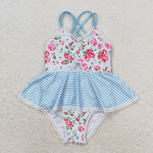 S0248 Floral striped lace blue and white suspender one-piece swimsuit