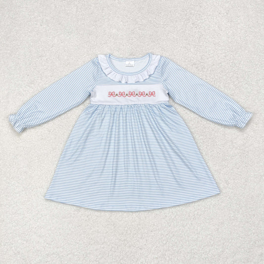 rts no moq GLD0508 Embroidered bow pattern white lace blue striped long-sleeved dress