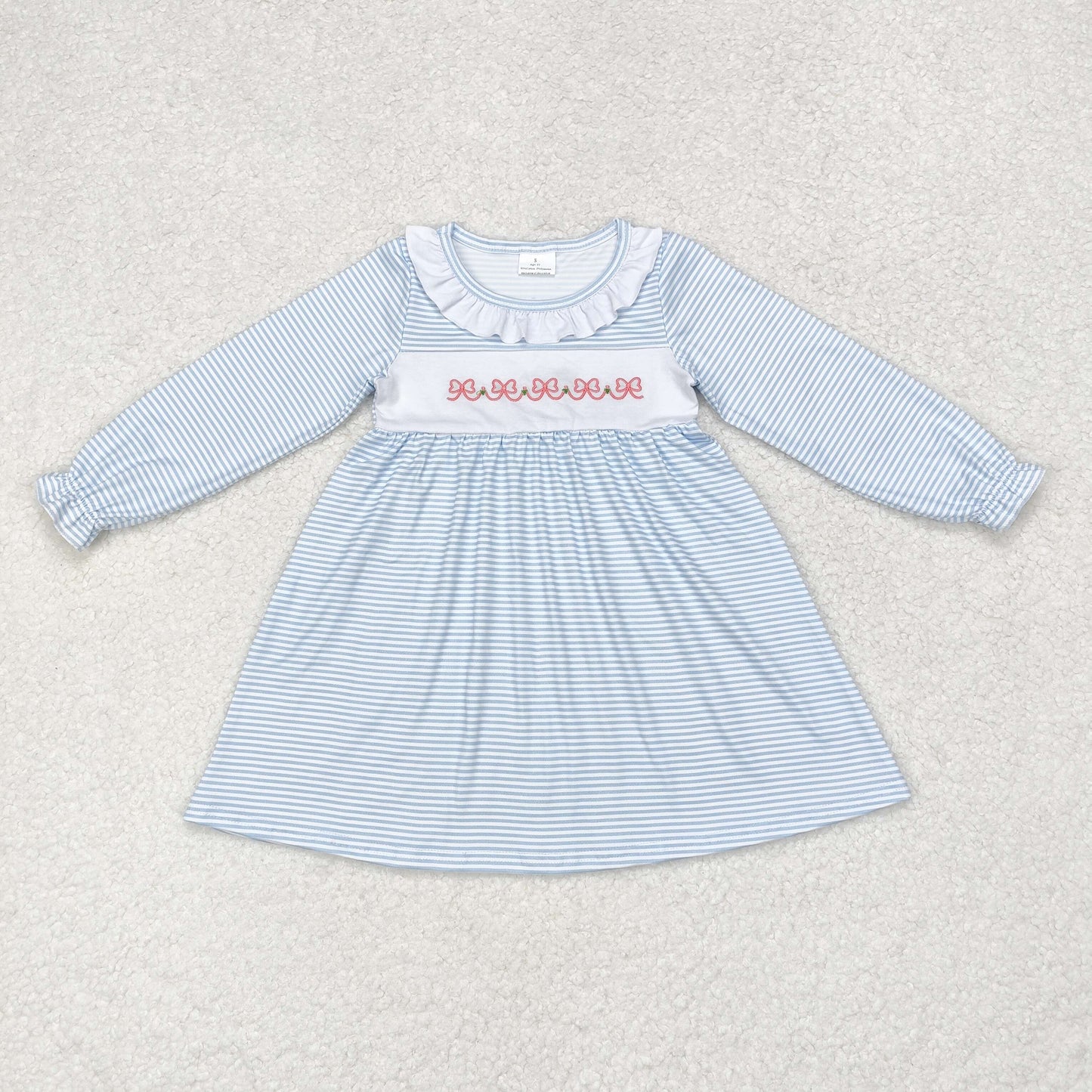 rts no moq GLD0508 Embroidered bow pattern white lace blue striped long-sleeved dress