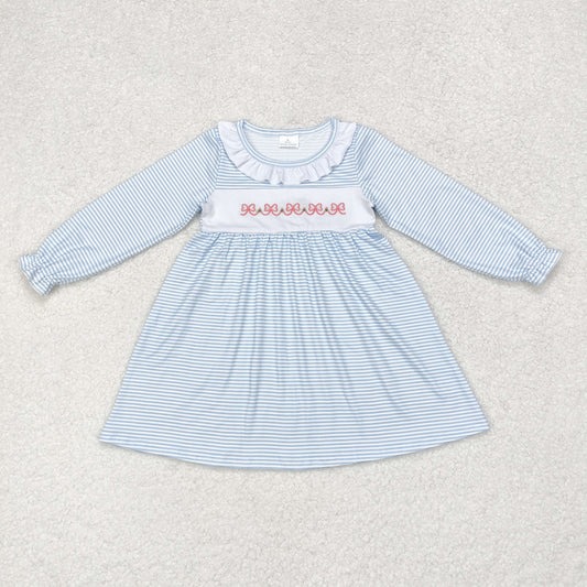 rts no moq GLD0508 Embroidered bow pattern white lace blue striped long-sleeved dress