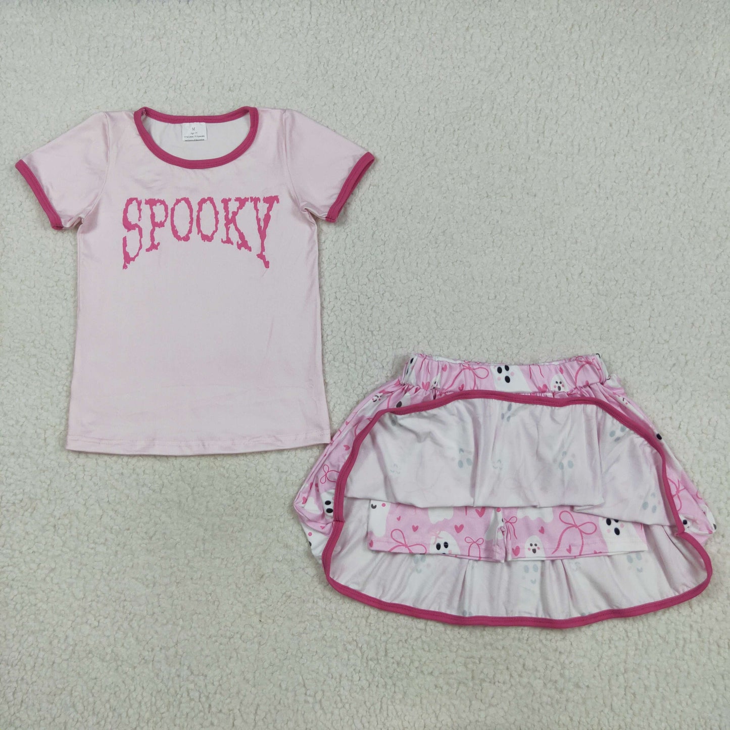 RTS NO MOQ（In Stock) GSD2776 Spooky Short-Sleeved Ghost Heart Bow Pattern Pink Skirt Set