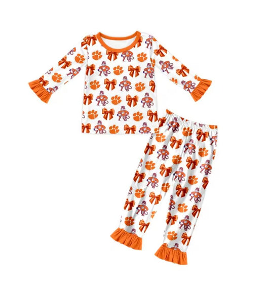 Custom moq 3 eat about 6/8weeks moq 5 eta 5/6weeks bow orange Girls' long sleeve and long pants pajamas set