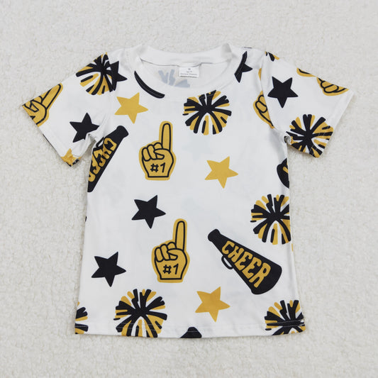 RTS NO MOQ ETA 5/7days Arrived GT0939 Cheer black and gold fireworks stars white short-sleeved top