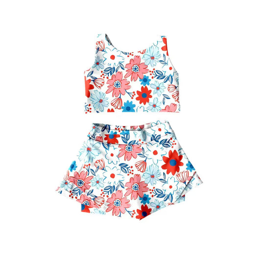 custom moq 5 eta 5-6 weeks baby girls clothes floral red sleeveless shorts summer outfit