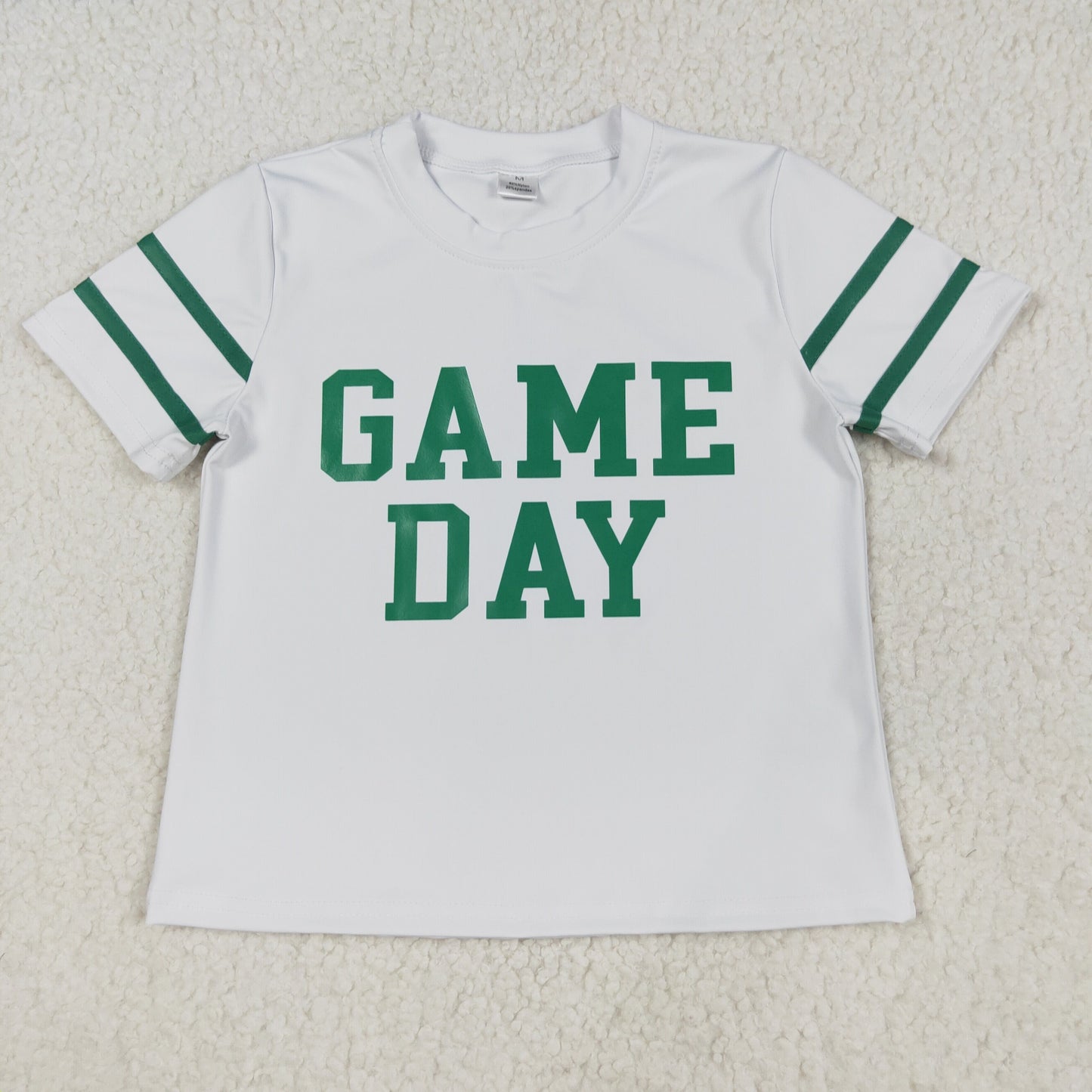 RTS NO MOQ（In Stock) GT1103 Game Day White short-sleeved yoga top with offset green lettering and stripes