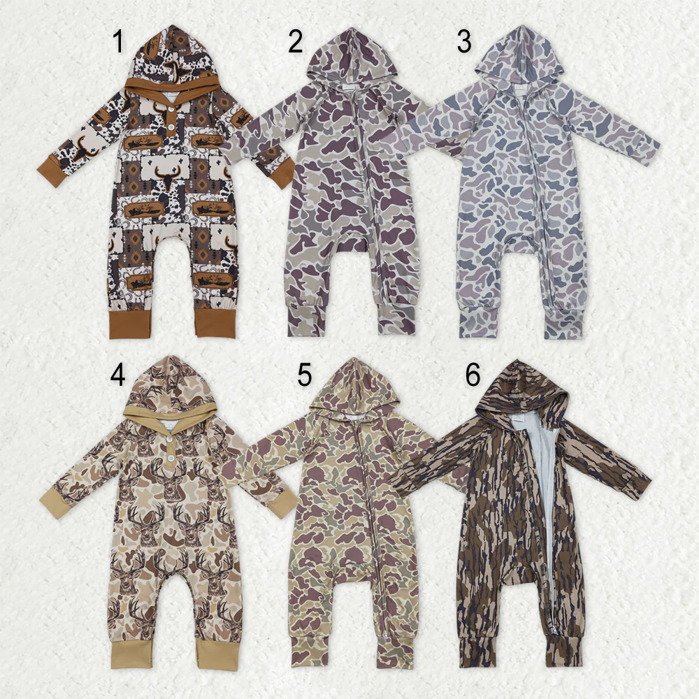 RTS NO MOQ Sibling baby Boys clothes camouflage hooded long sleeve rompers
