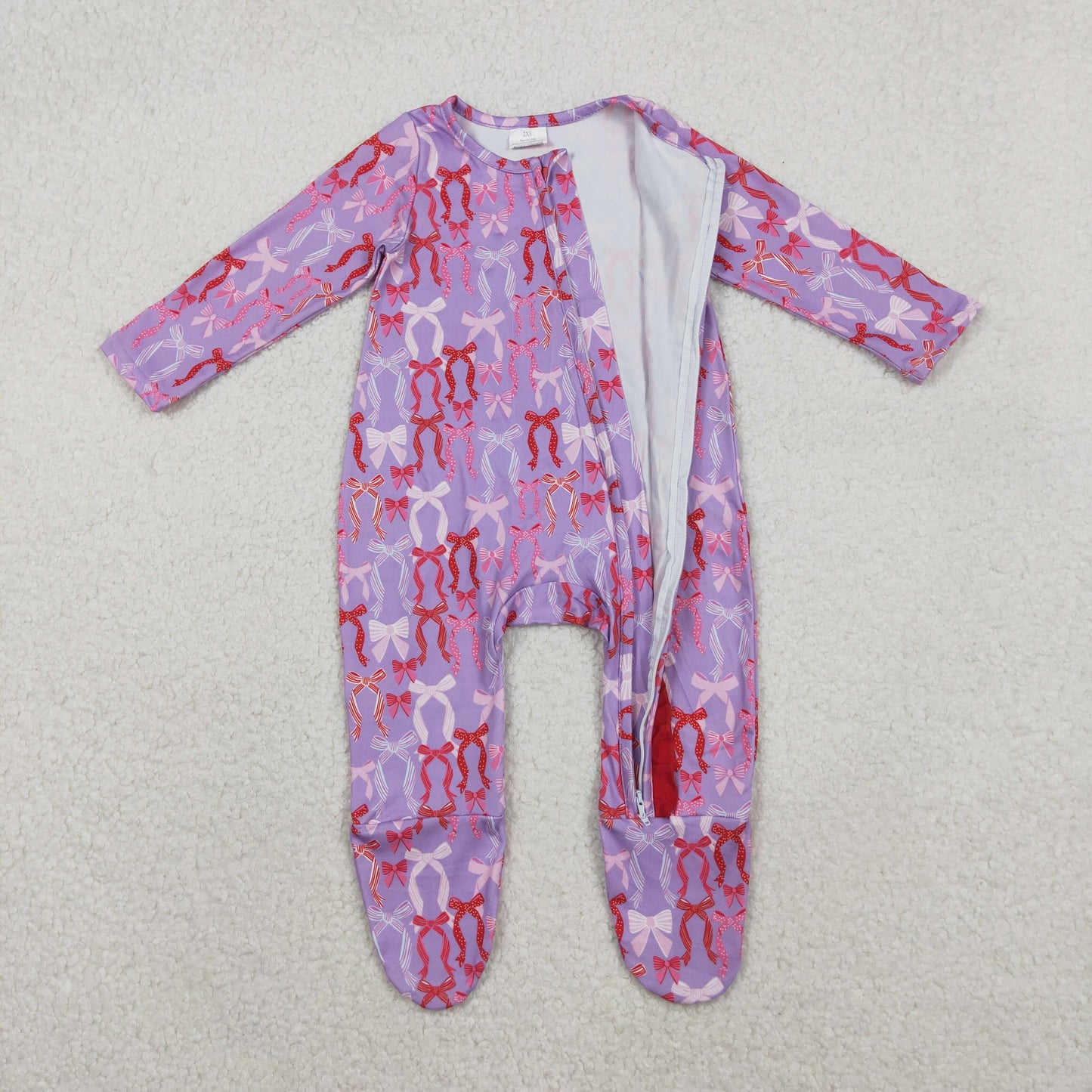 RTS NO MOQ（In Stock ) LR2610 Bow Pattern Purple Footed Zippered Long-Sleeved Bodysuit