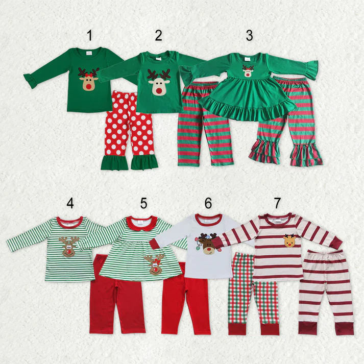 RTS NO MOQ Sibling Baby girls clothes embroidery Christmas deer long-sleeved trousers suits