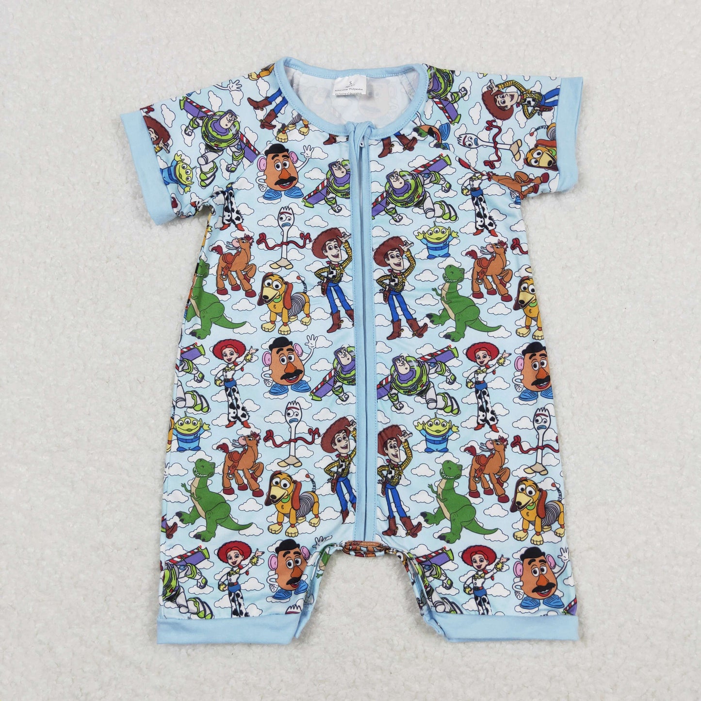 RTS NO MOQ（In Stock) Toy Story Cartoon White Cloud Blue Zipper Short Sleeve Jumpsuit