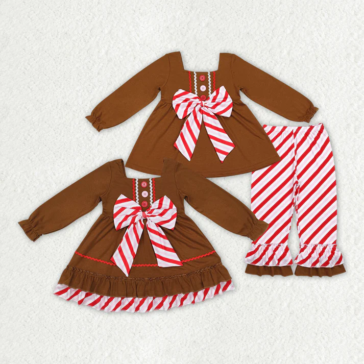 RTS NO MOQ Baby Girls Brown Gingerbread Bow Dresses Clothes Sets