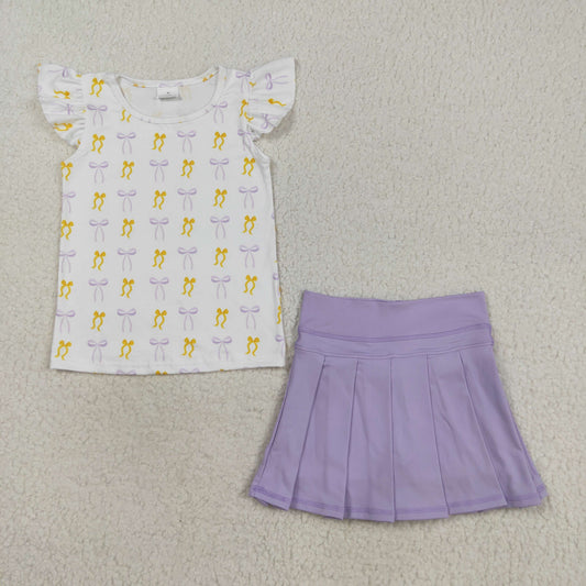 RTS NO MOQ（In Stock) GT1147+GLK0085 Yellow and purple bow pattern white flying sleeve top Solid color light purple yoga skirt set