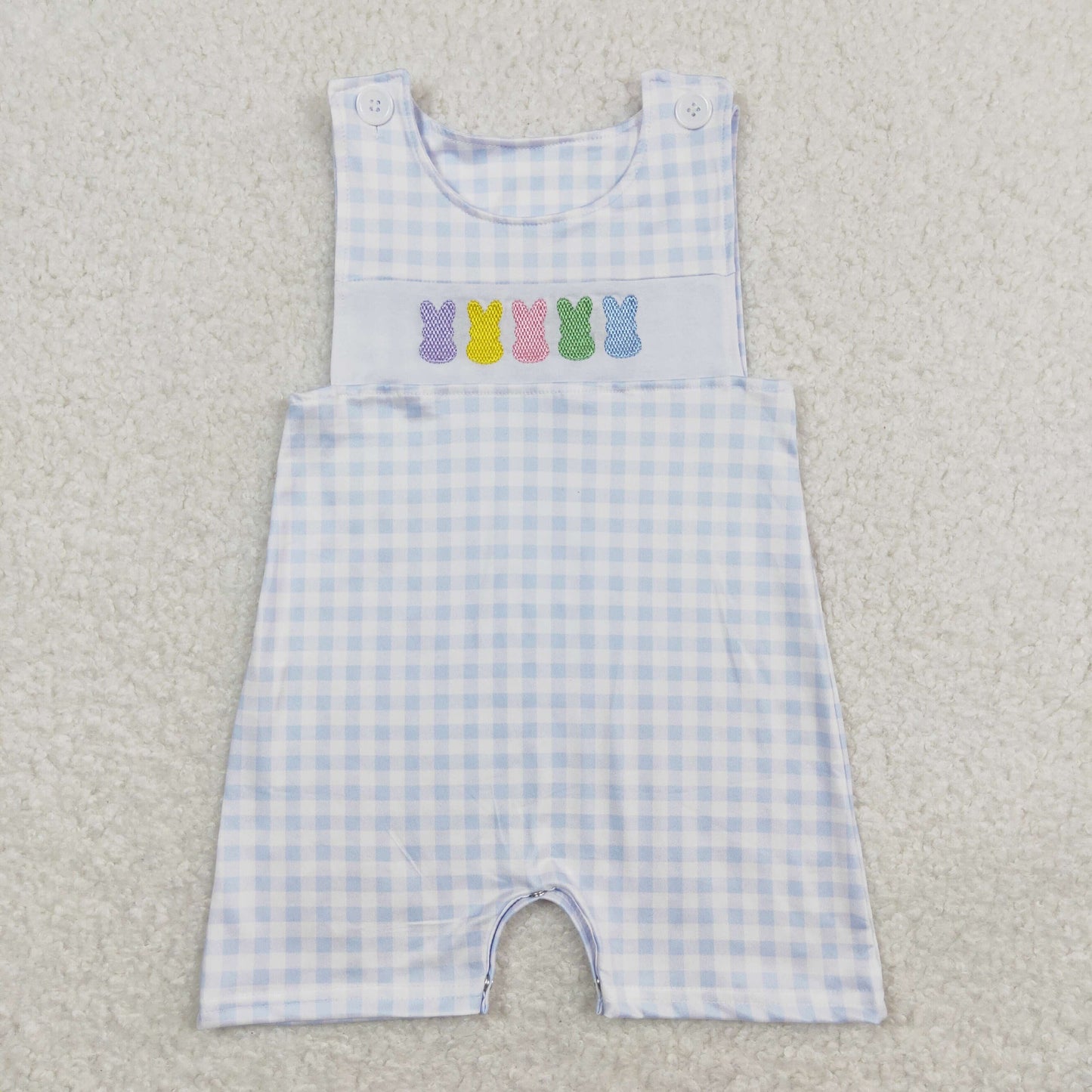 RTS NO MOQ（In Stock) SR0691 Embroidered colorful bunny blue and white plaid sleeveless romper