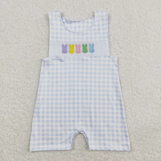 SR0691 Embroidered colorful bunny blue and white plaid sleeveless romper