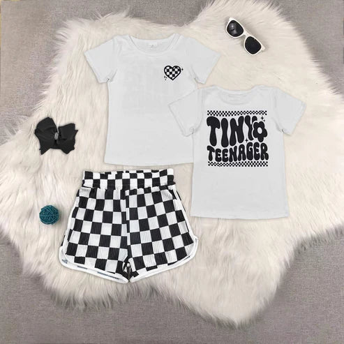 RTS NO MOQ Baby Girls Summer Outfit Short Sleeves Black Plaid Heart Top with Shorts Set Cute Tiny Toddler Clothing