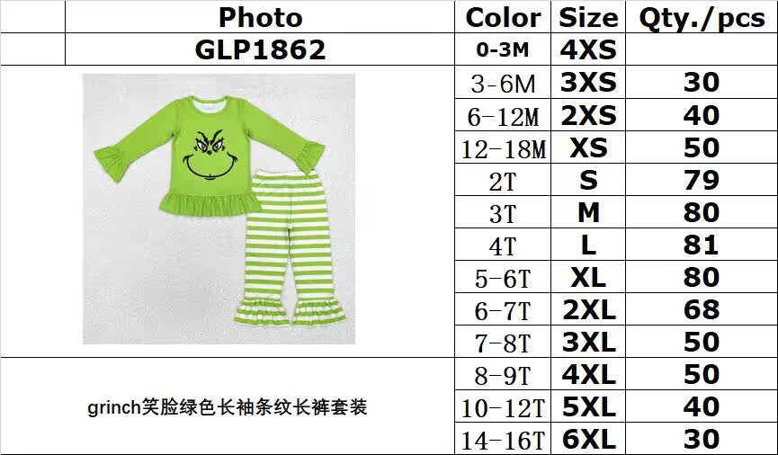 RTS NO MOQ ETA 5/7days Arrived GLP1862 Grinch smiley face green long-sleeved striped trouser suit