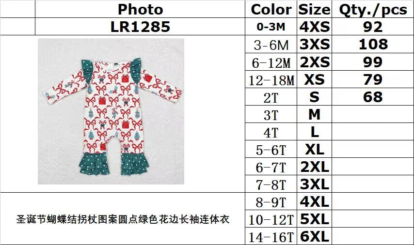 RTS NO MOQ ETA 5/7days LR1285 Christmas bow cane pattern polka dot green lace long sleeve jumpsuit