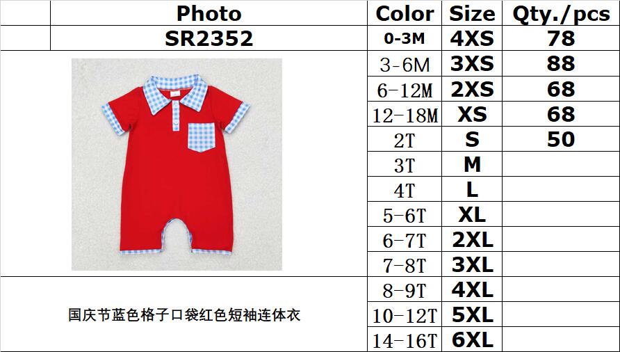 RTS NO MOQ ETA 5/7days arrived SR2352 National Day blue plaid pocket red short-sleeved jumpsuit