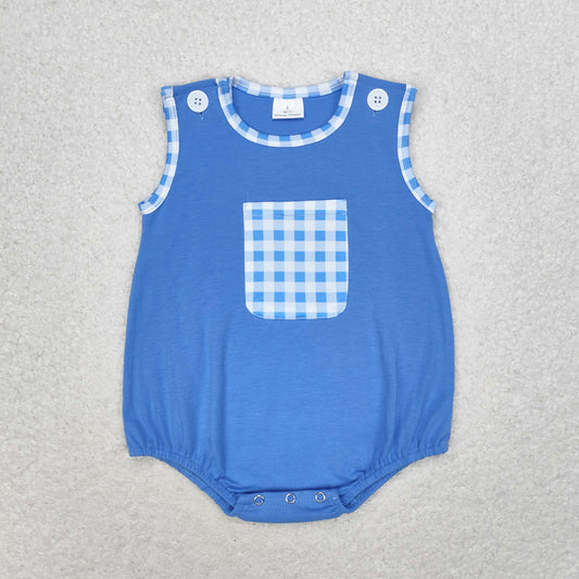 RTS no moq SR1537 Plaid pocket royal blue vest jumpsuit