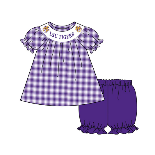 Deadline: May 20 Custom no moq baby girls Summer girls sets Tigers Purple Plaid Girls Outfit