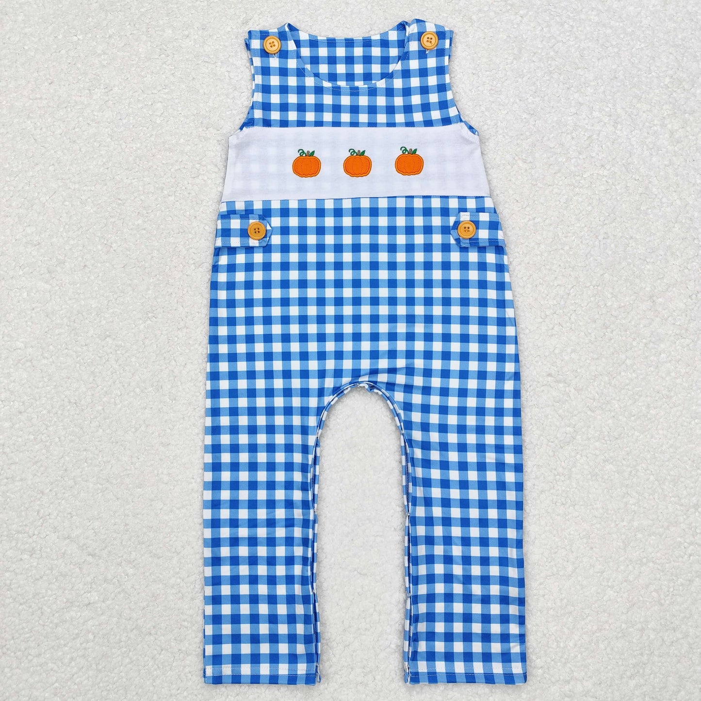 RTS no moq SR1949 Embroidery pumpkin blue plaid sleeveless jumpsuit