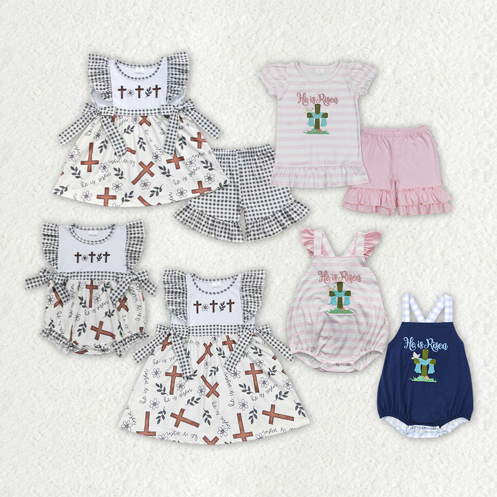 RTS NO MOQ baby boy girls embroidery short-sleeved shorts suit & short-sleeved sets and romper