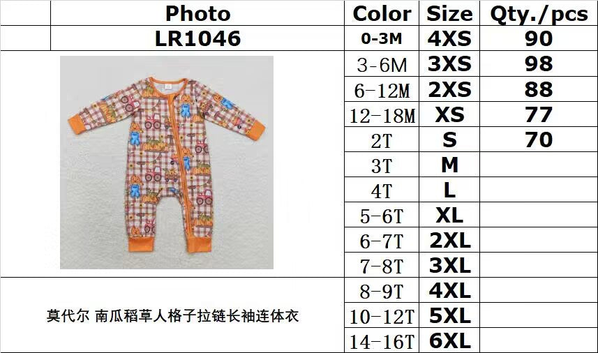 bamboo rts no moq LR1046 Modal pumpkin scarecrow plaid zipper long sleeve onesie