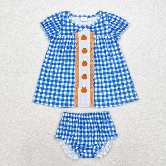 RTS no moq GBO0431 Embroidered pumpkin blue plaid short sleeve briefs suit