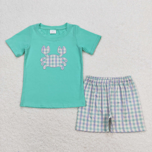 BSSO0638 Embroidered plaid crab teal short-sleeved shorts suit