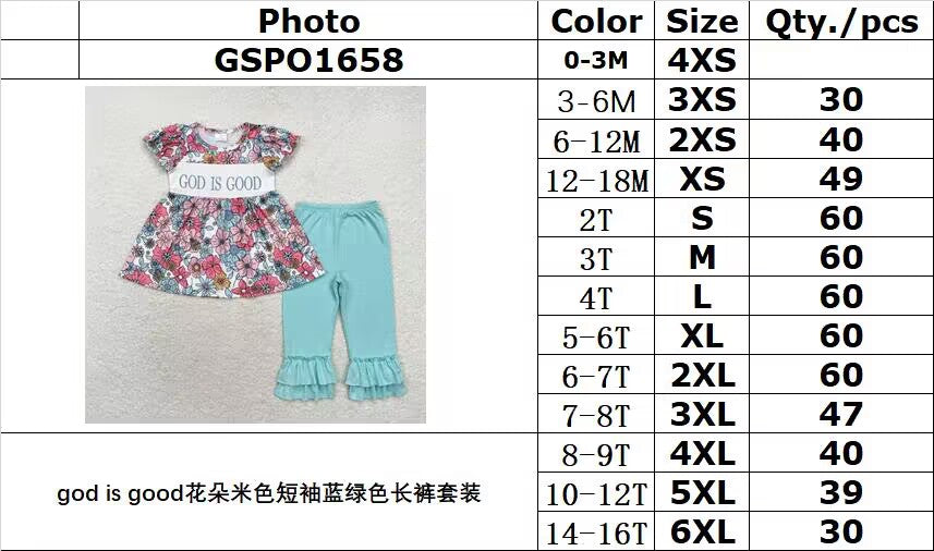 RTS no moq GSPO1658 god is good flower beige short-sleeved blue-green trousers suit