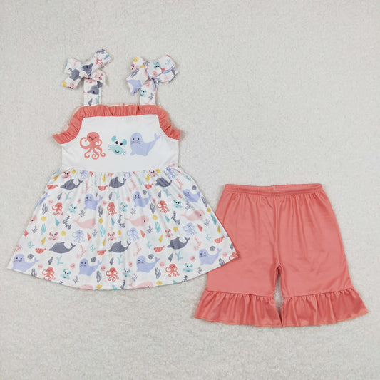 GSSO0729 Octopus crab seal brick red lace white suspender shorts suit