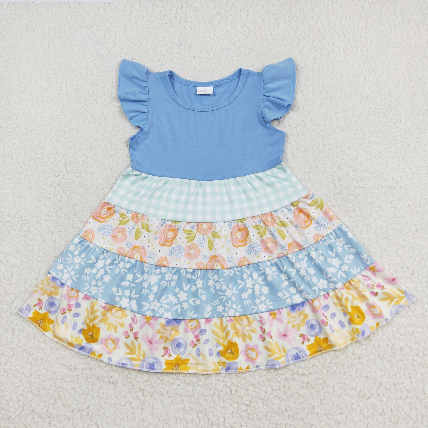 RTS no moq GSD1073 Flower stitching blue flying sleeve dress